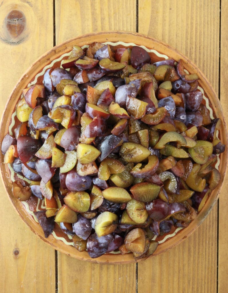 Plums sliced into smaler pieces to fit in the strudel.